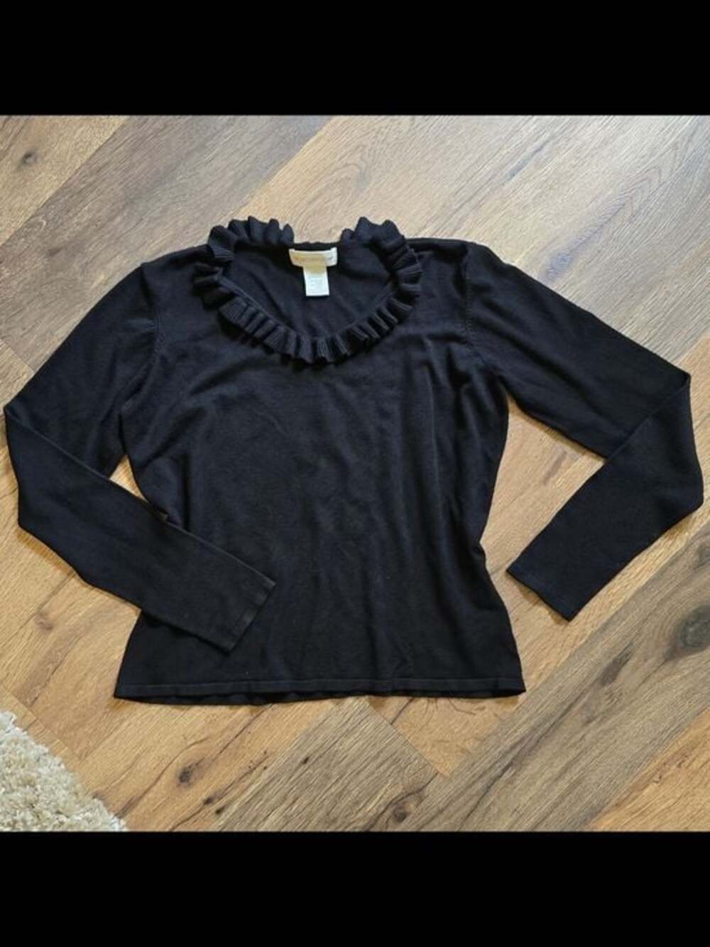 Worthington Black Ruffle-Trim Long Sleeve Top
